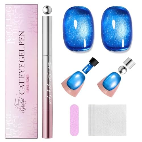 GELLAKTIK 7-in-1 Cat Eye Gel Nail Polish Pen, One Step Magnetic Gel Polish with Detachable Magnet, No Base/Top Coat Needed, Blue Gel Nail Polish Glassy Soak Off UV LED Nail Art DIY Home Salon - Image 1