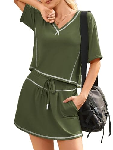Alealiy Womens 2 Piece Outfits Summer Skirt Sets Casual Short Sleeve Tops Matching Skort Going Out Lounge Set Army Green S - Image 1
