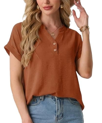 HiMONE Women’s Summer Tops Casual V Neck Short Sleeve Blouse Loose Fit Textured T Shirt Rolled Sleeve Lightweight Tunic Shirts Caramel - Image 1
