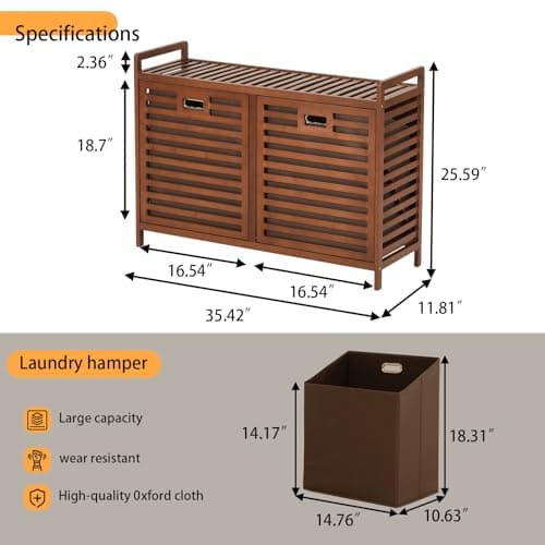 Baveke Bamboo Tilt Out Laundry Hamper with Shelves, Hidden Laundry Hampers with 2 Removable Bags, Pull Out Laundry Hamper Cabinet, Bathroom Storage Shelf for Laundry Room, FSC-Certified, Brown - Thumbnail 2