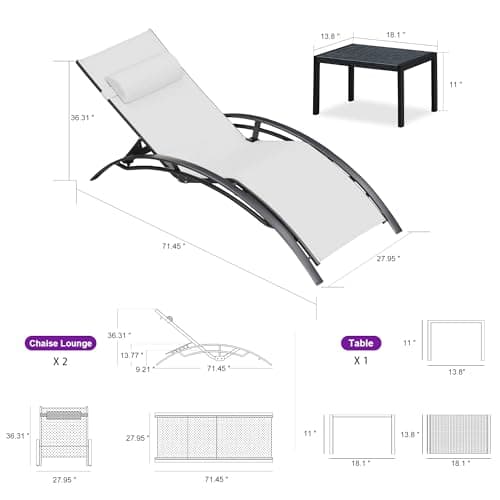 PURPLE LEAF Patio Oversized Chaise Lounge Chair Set with Side Table Pool Adjustable Recliner Chairs for Outside Beach Outdoor Sunbathing Tanning Poolside Lounger Chair, White - Thumbnail 5
