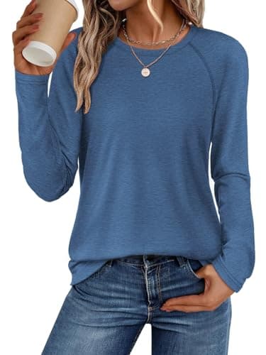 ATHMILE Women's Casual Batwing Long Sleeve T Shirt Round Neck Basic Loose Tunic Tops Blue - Image 1