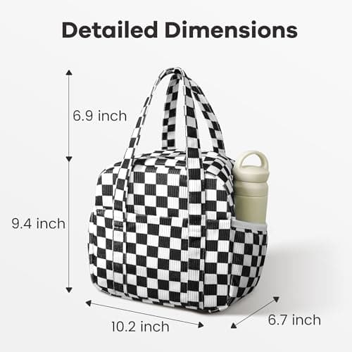 Yarnic Corduroy Lunch Bag Women Insulated, Large Lunch Box for Work with Bottle Pockets, Stylish Reusable Cooler Tote for Adults Teachers Picnic (black White Checkered) - Thumbnail 2