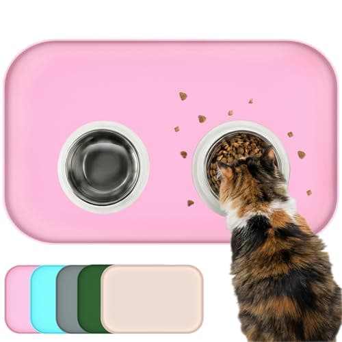 BLESWIN Waterproof Silicone Pet Feeding Mat Pink with Raised Edge,24" x 16"Non-Skid Spill Proof Dog Bowl Mats, Easy Clean Cat Bowls Placemat for Cats and Dogs - Image 1
