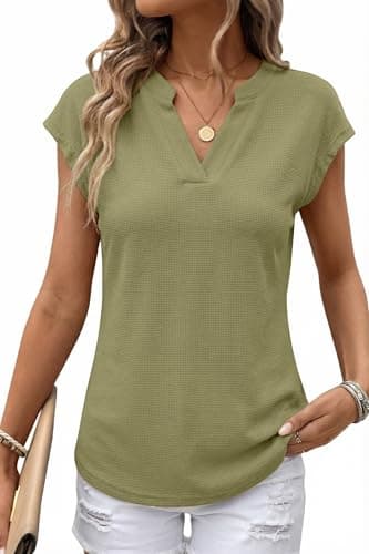 AUMORA Womens Waffle Knit V Neck Cap Sleeve T Shirts Summer Casual Solid Color Basic Tops for Women Green - Image 1