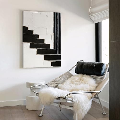 JUHOME Original Hand-Painted Abstract Canvas Wall Art – Textured Black and White Staircase Oil Painting, Modern Minimalist Wall Decor for Living Room Bedroom Office 24x36 Inch - Thumbnail 5