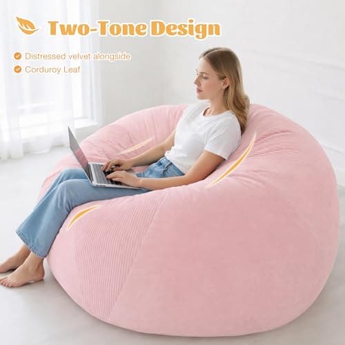 Homguava 6FT Bean Bag Chairs for Adults Teardrop BeanBag Chair Comfy Memory Foam Bean Bags Two-Tone Distressed Velvet&Corduroy Washable Cover for Living Room, Home (Corduroy, Pink) - Thumbnail 4