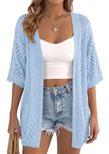 PRETTYGARDEN Women's Lightweight Summer Cardigans 2026 Short Sleeve Knit Crochet Coverups Spring Boho Beach Vacation Clothes (Light Blue,X-Large) - Thumbnail 2