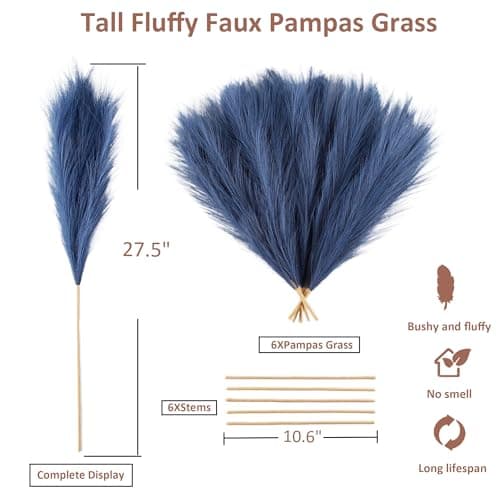 Acfruits Navy Blue Faux Pampas Grass Large Fluffy 27.6Inch Tall, 6Pcs Artificial Fake Flower Boho Decor Bulrush Reed Grass for Vase Filler Farmhouse Home Wedding Decor - Thumbnail 2