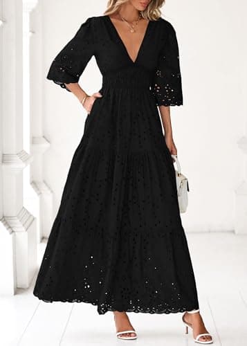 Lazysmile Long Sleeve Dresses for Women V Neck Hollow Out Eyelet Ruffle Swing A-Line Fall Vacation Boho Maxi Dress Black - Thumbnail 6