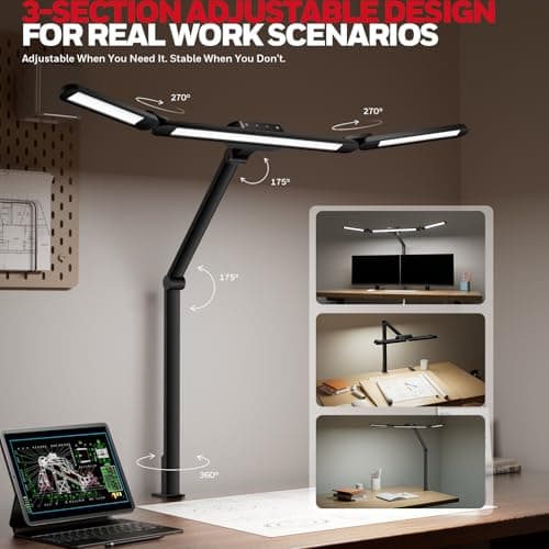 Honeywell Wide Desk Lamp with Clamp for Dual Monitors, 22W Full-Spectrum Eye-Caring LED Desk Lamp for Home Office, 3-Section Adjustable Architect Light for Large Desk, Stepless Dimming, 3000K-5700K - Thumbnail 4