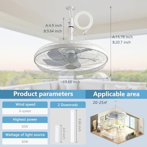 AHAWILL Outdoor Ceiling Fans with Lights, 20'' Gazebo Fan, Plug in Ceiling Fan for Patios, Pergola, Ceiling Fan with Remote Control, Hanging with Hook,White - Thumbnail 2