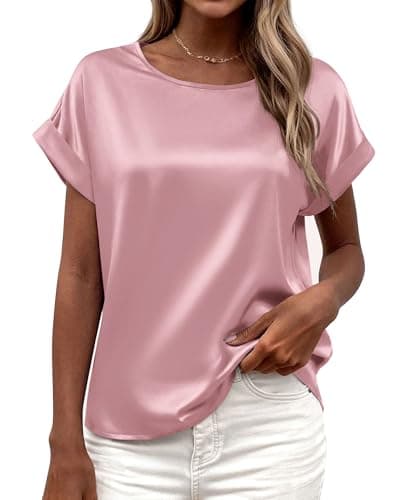 BTFBM Womens Summer Tops Satin Blouses Dressy Casual Loose Crewneck Short Sleeve Shirts 2026 Work Business Outfits(Pink, Medium) - Image 1