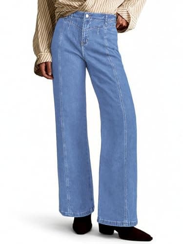 PEIHOT Wide Leg Jeans for Women High Waisted Straight Leg Stretchy Jeans Seamed Paneling Denim Pants Fall Light Blue