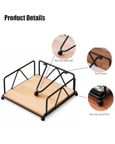 Elegant Flat Napkin Holder with Weighted Arm - Rustic Metal & Wood Paper Napkin Dispenser for Dining Table, Office, Home, Countertop, Bar - One-at-a-Time Dispensing, Holds up to 50 Napkins (BLACK) - Thumbnail 2