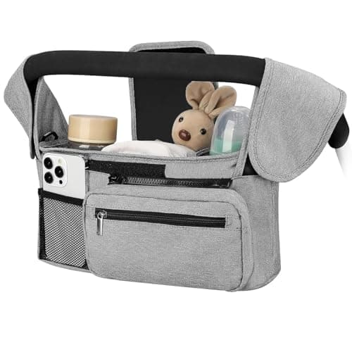 HFLYJPYW Universal Stroller Organizer with Insulated Cup Holder Detachable Phone Bag and Carry Strap Fits Uppababy, Baby Jogger, Britax, BOB, Umbrella and Pet Stroller and more (Light gray)