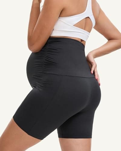 Fayefay Maternity Biker Shorts with Pockets - 6" Pregnancy Short Over The Belly for Women Yoga Workout Lounge Black X-Large - Thumbnail 2