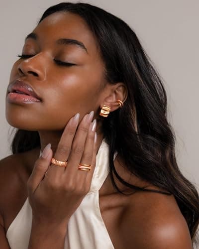 UANNEAU Rose Gold Chunky Earrings for Women Trendy, 14K Plated Gold Dainty Wavy Square Earrings Statement Minimalist Hypoallergenic Stud Earrings - Thumbnail 5