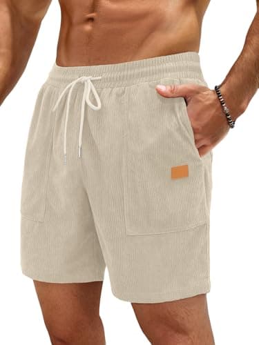 Sailwind Workout Shorts Men Casual Corduroy Drawstring 7 inch Inseam Summer Beach Shorts for Men Light Khaki - Thumbnail 2