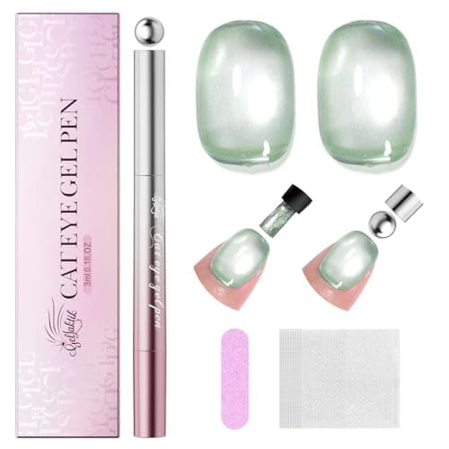 GELLAKTIK 7-in-1 Cat Eye Gel Nail Polish Pen, One Step Magnetic Gel Polish with Detachable Magnet, No Base/Top Coat Needed, Green Gel Polish Glassy Soak off UV LED Nail Art DIY Home Salon - Image 1
