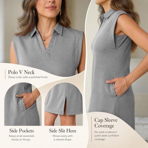 BEXIBOOM Polo Dresses for Women Casual Shirt Dress, V Neck Collared Cap Sleeve Summer Dress with Pockets, Loose Fit Knee Length Work DressDark Gray-3XL - Thumbnail 5