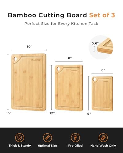 Bamboo Cutting Board for Kitchen, Knife-Friendly Wooden Cutting Boards Set 3-Piece with Juice Groove, Durable Chopping Boards for Meat, Vegetables, Fruits, Cheese(Natural) - Thumbnail 5