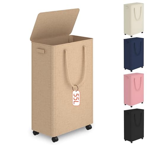 Slim Laundry Hamper with Wheels,15 Gal (55L) Rolling Laundry Basket with lid and wheels Clothes Hamper Foldable Tall Dirty Clothes Basket Sturdy Collapsible Clothes Hamper for Dorm,Laundry Room - Image 1