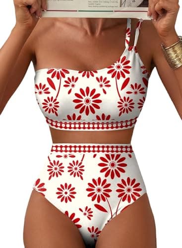 Herseas Women Bikini Sets One Shoulder Supportive Swimsuits Summer 2026 High Waisted Tummy Control 2 Piece Plus Size Bathing Suits Fashionable Athletic Outfits Teen Girls Red Daisy X-Large - Image 1
