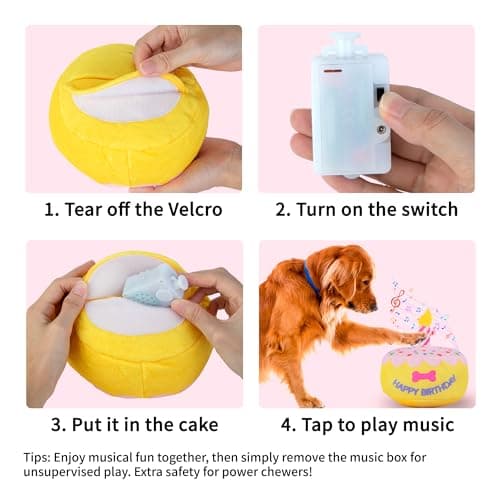 FurtasticFinds Dog Birthday Cake Toy 5.9", Larger Plush Dog Gift with Electronic Music Box, Plays Happy Birthday Song & Puppy Bark Melody, Party Decoration for All Breeds Dogs, Pink - Thumbnail 6