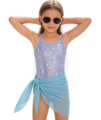 Shiny Gold Foil One-Piece Swimsuit Set for Girls 5-6 Years with Scarf Skirt | Kids Quick-Dry Swimsuit for Swimming & Beach - Image 1