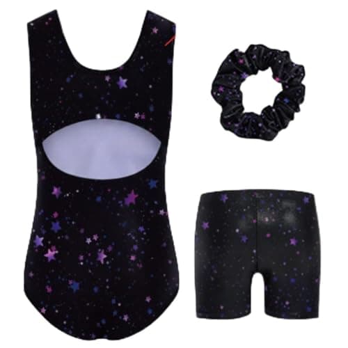 JiAmy Gymnastics Leotards for Girls, Sleeveless Sparkly Dance Biketards with Shorts Ballet Tumbling Outfit Black Star 9-10 Years - Image 1