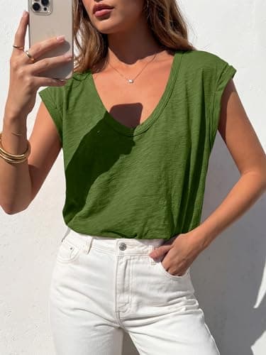 BTFBM Womens Tops Going Out Casual Oversized Summer Basic Tees 2026 V Neck T Shirts Trendy Blouse(Green,Medium) - Thumbnail 6