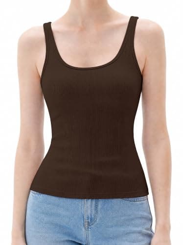 Women Padded Tank Tops Workout Ribbed Built in Bra Top Square Neck Sleevess Basic Crop Summer Y2k Going Out Slim Fitted Camisole Shirt Trendy 2025 (Brown,XL)
