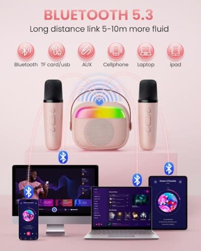 Mini Karaoke Machine for Kids, Toy for Girls Portable Bluetooth Speaker with 2 Wireless Microphones, Fashion Toy Gifts for Christmas Birthday, for 3 4 5 6 7 8+ Year Old Girls Gifts(Pink) - Thumbnail 3