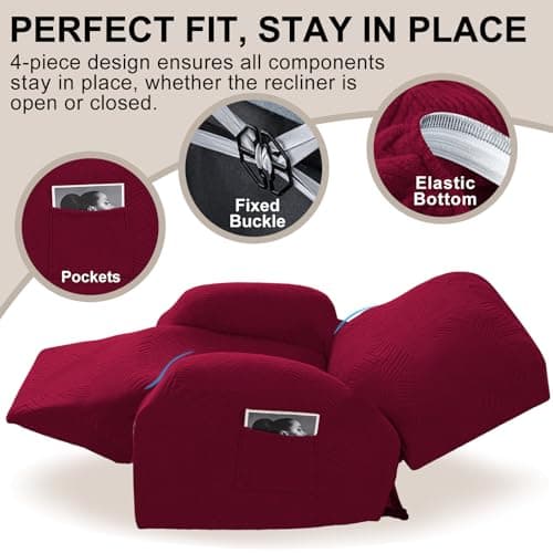 Cushonix Oversized Recliner Chair Covers,4-Piece Stretch Geometric Strokes Jacquard Reclining Chair Slipcovers,Furniture Protector with Side Pocket,Soft Breathable Couch Cover,Wine Red - Thumbnail 4