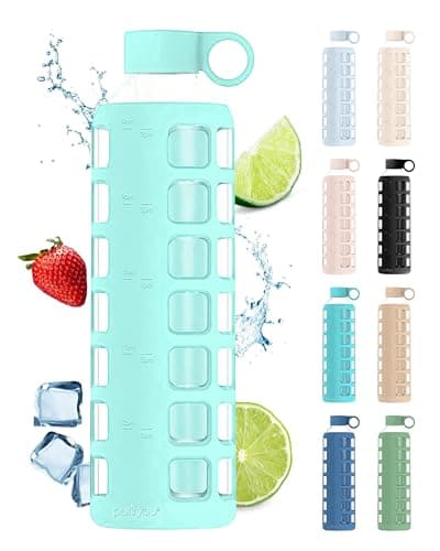 purifyou 40oz / 32oz / 22oz / 12oz Borosilicate Glass Water Bottle with Time & Volume Markers, Silicone Sleeve, Stainless Steel Lid | Reusable Glass Bottle for Water & Juice (32oz Glow-in-the-Dark) - Image 1