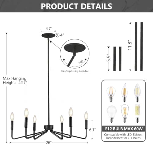 ACANER Black Chandelier for Dining Room, 6-Light Farmhouse Kitchen Light Fixtures Over Table, 26" Rustic Candle Chandelier for Bedroom, Foyer, Hall, Living Room, Entryway - Thumbnail 6