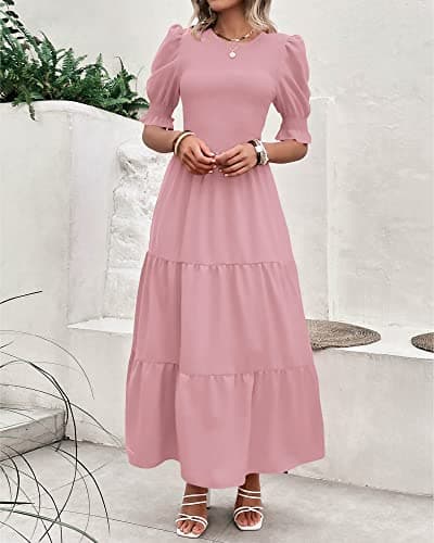 BTFBM Women Casual Summer Dresses 2026 Spring Crew Neck Ruffle Short Sleeve Smocked Floral Boho Flowy Maxi Dress Clothes(Solid Light Pink, Medium) - Thumbnail 2