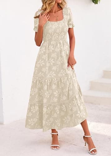 Lazysmile Women's Summer Boho Floral Maxi Dress Short Sleeve Square Neck Smocked Ruffle Elegant Wedding Guest Dress Apricot - Thumbnail 6