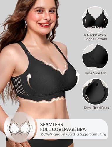OEAK Women Jelly Bras No Underwire Scalloped Push Up Buttery Soft Tshirt Bra Seamless Full Coverage Convertible Everyday Bra Jacquard Black,4XL - Thumbnail 2