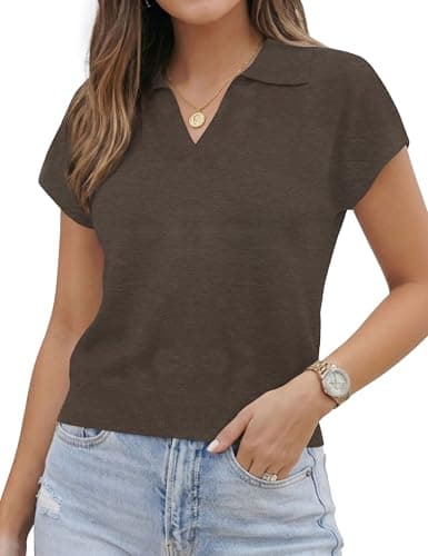 LaGracia Short Sleeve Sweaters for Women Business Casual Collared Cropped Polo Sweaters Lightweight Wool Blend Crop Tops Spring Summer Outfits Brown XL - Image 1