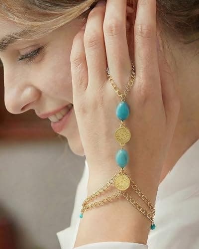 Turquoise Bracelet for Women, 14K Gold Plated Adjustable Stackable Boho Hand Chains - Healing Stone Jewelry Gift for Her, Christmas, Birthday, Dainty Southwest Everyday Good Luck Charm - Thumbnail 2