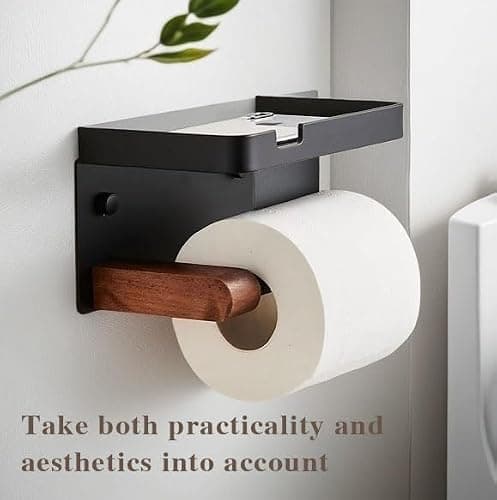 Bathroom Black Toilet Paper with Tissue Box Holder - Wall Mount Wooden Extension Rod with Widening Groove Bracket Aluminum Alloy Groove Rack for Paper Towel Holder and Wipes - Thumbnail 6