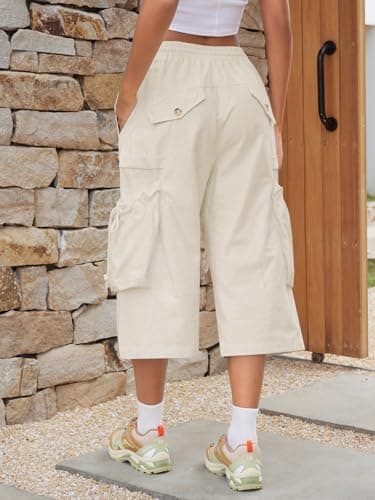 Aoysky Womens Wide Leg Cargo Pants Baggy Elastic Waist Drawstring Loose Cotton Workout Outdoor Capri Pants with Multi Pockets - Thumbnail 4