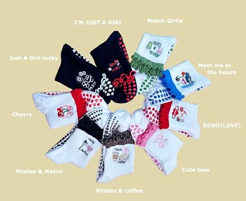 Puedizux Women Cute Pilates Socks Grip Crew Yoga Socks Ruffle Cuff Embroidery Ballet Socks - Thumbnail 6