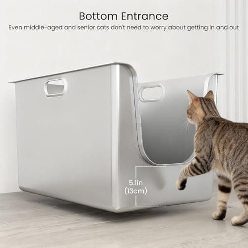 Stainless Steel Litter Box 11.8'' High Sides, XL Metal Cat Litter Box with Curved Low Entry, Cat Litter Pan for Big & Multiple Cats, Pet Toliet with Handy Wheels for Easy Moving - Thumbnail 5
