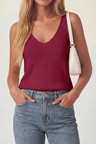 PRETTYGARDEN Women Summer Tank Tops 2026 Basic Sleeveless V Neck Lightweight Knit Beach Vacation Clothes Going Out Top(Burgundy,XX-Large) - Thumbnail 3