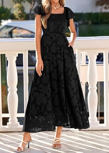 KIRUNDO Cocktail Dresses for Women Elegant Wedding Guest Summer Formal Maxi Lace Floral Slit Prom Party Bridesmaid Dress (Black, Small) - Thumbnail 4