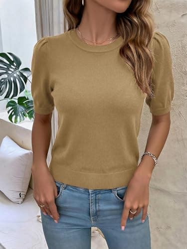 LaGracia Womens Cropped Sweater Puff Short Sleeve Spring Summer Work Tops Crew Neck Sweaters Khaki 2XL - Thumbnail 4