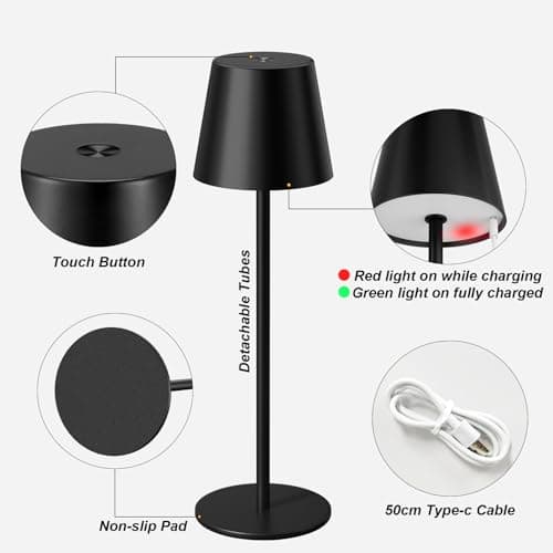 Kakanuo Cordless Table Lamp Rechargeable Black - KK 2 Pack 5000mAH Battery Operated Lamp for Counter, 3 Color Stepless Dimming Wireless Lamp for Dining Kitchen, Outdoor Patio, Touch Control - Thumbnail 5